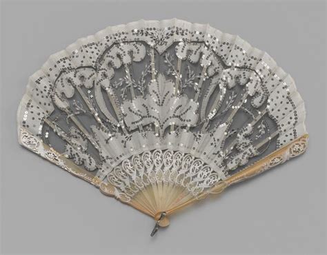 Folding Fan Of Net And Silk With Applied Paillettes Hand Held Fan