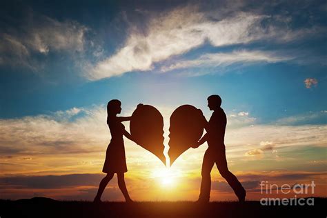 Woman And Man With Two Halves Of Broken Heart Going To Be Joined In One