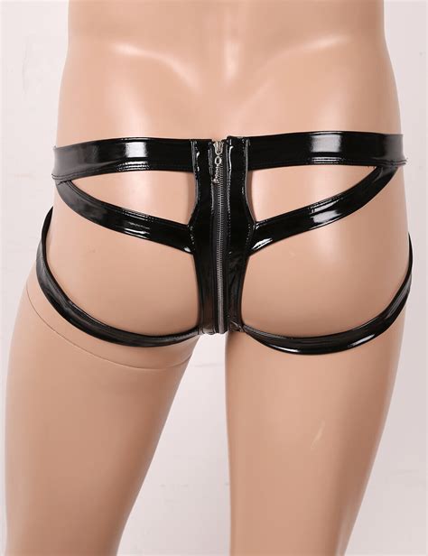 Mens Zipper Sexy Wet Look Leather Jockstrap Mini Bikini Thongs Briefs