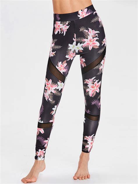 [30 off] floral print mesh insert sports leggings rosegal