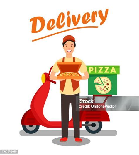 Pizza Delivery Man Cartoon Vector Illustration Stock Illustration