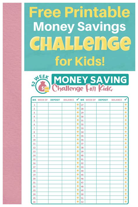 Kids 52 Week Money Savings Challenge Free Printable Savor Savvy