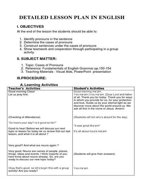 Detailed Lesson Plan In English Cases Of Pronouns Lesson Plan Pronoun