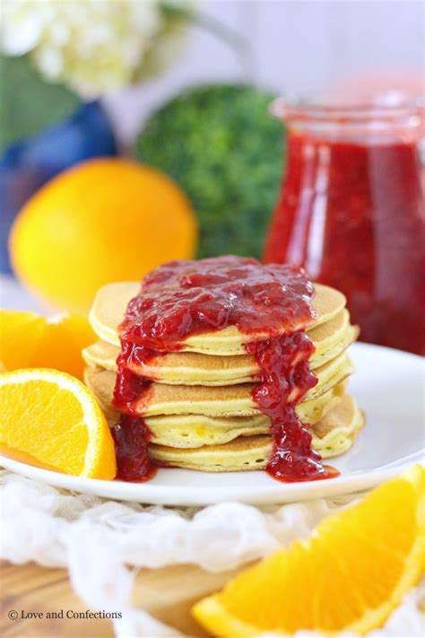 Orange Buttermilk Pancakes With Strawberry Sauce Love And Confections