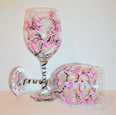 Cherry Blossoms Hand Painted Wine Glasses Set Of 2 20 Oz Etsy Hand Painted Wine Glasses
