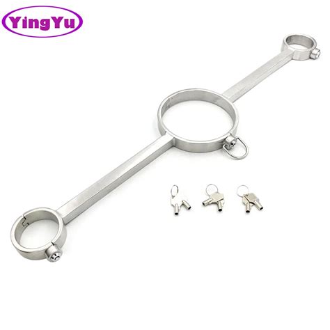 press lock design stainless steel bondage yoke pillory restraints handcuffs wrist cuffs neck
