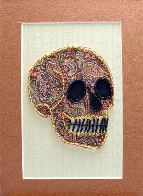 Bead Embroidered Skull Brown Paisley Mixed Meadia Art Aftcra