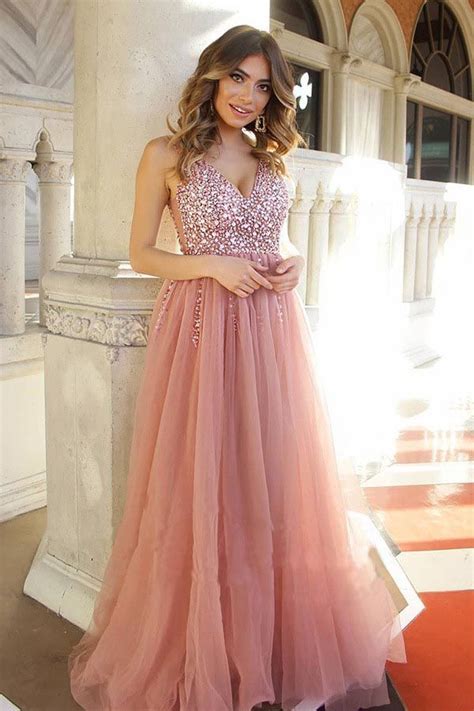 Dusty Rose Tulle Beaded Long Prom Dress With Lace Up Back Pg843 Prom