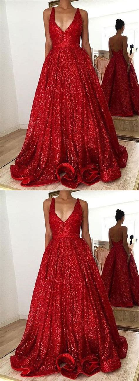 Red Sequins V Neck Long Prom Dress Red Evening Dress M On Luulla