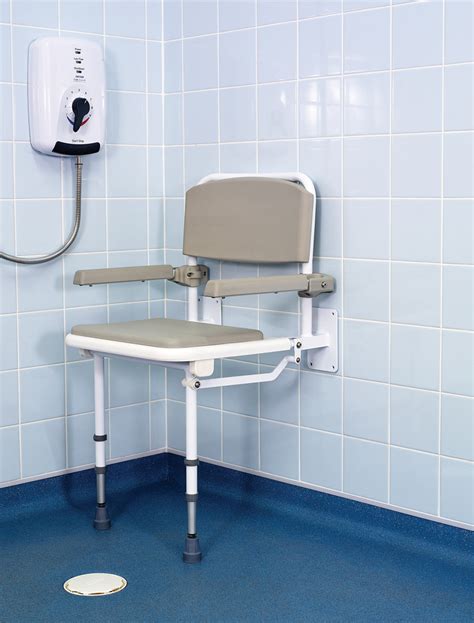 Wall Mounted Fold Down Shower Seat With Padded Seat Back And Arms