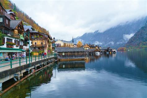 Lake View Of Famous Hallstatt Village In Salzkammergut Area Austria