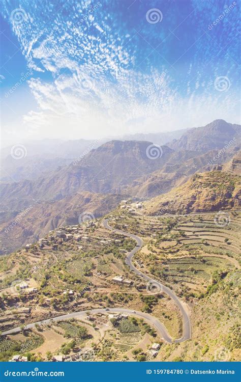 Beautiful View Of Rice Terraces In The Mountains In Yemen Stock Photo