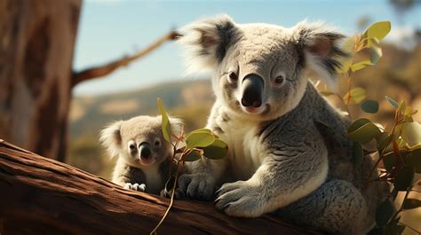 Premium Ai Image Mother Koala With Baby On Her Back In Eucalyptus Tree