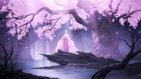 Cherry Blossoms Forest Long Hair Original Petals Scenic Topipan Tree