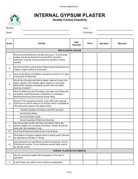 internal gypsum plaster quality control checklist