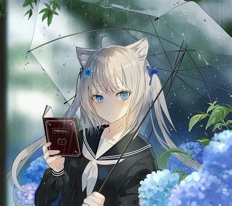 Anime Girl Raining Umbrella Animal Ears Blue Eyes Nekomimi Anime