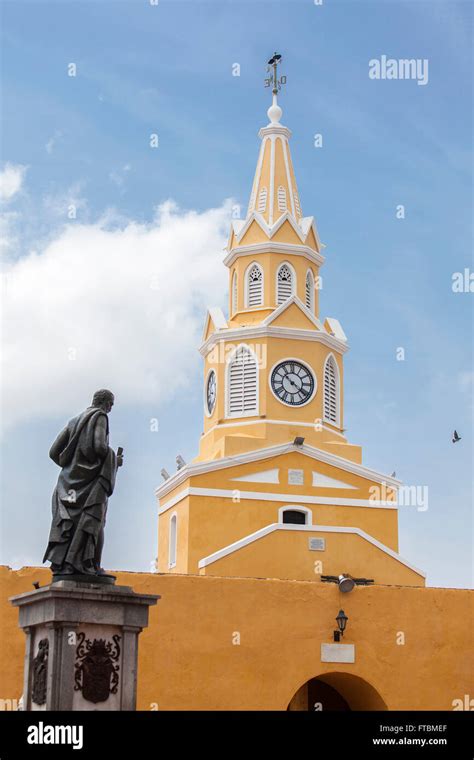 Public Clock Tower And Pedro De Heredia Statue In Cartagena De Indias