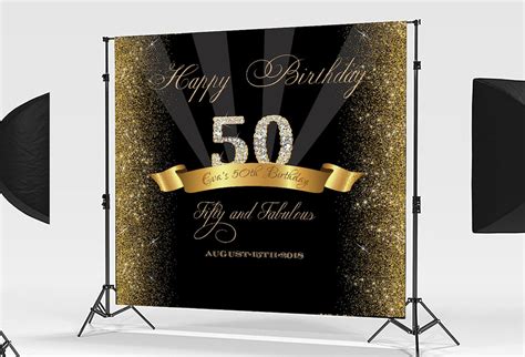 50th Birthday Backdrop Black And Gold Party Banner Black And Etsy