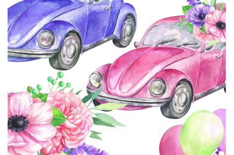 Watercolor Vintage Retro Pink Car Clipart Balloons Flowers