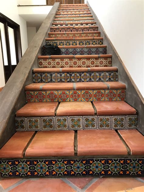 Talavera Tile Stair Risers With Saltillo Tile Treads Pre Grout