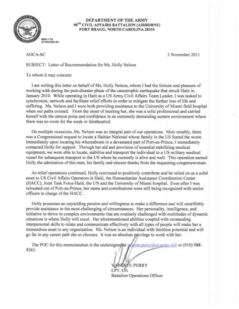 Sample letter to the board. Holly Nelson - US Army Civil Affairs LOR