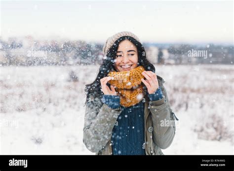 Heart Melting Winter Portrait Of Pretty Young Woman Enjoying Snowfall