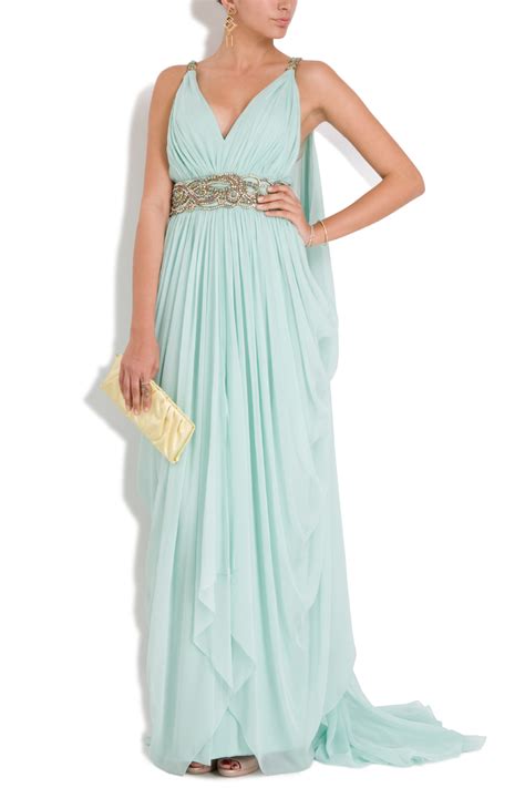 Empire wedding dresses are traditional for grecian themed weddings. Lyst - Marchesa Chiffon Embellished Grecian Gown in Blue