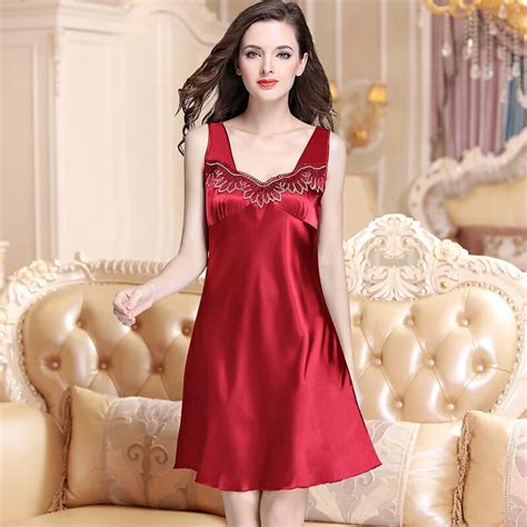 Women S Silk Nightgown Chest Embroidery Medium Length Lace Nightdress