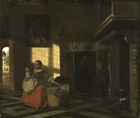 pieter de hooch 1665 interior with a mother close to a cradle fine art print pieter de