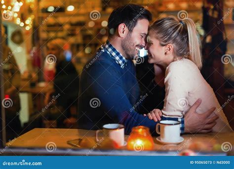 Happy Couple Kissing At Bar And Having Date Stock Image Image Of