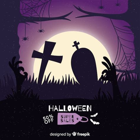 Venta De Halloween Dibujado A Mano En Un Cementerio Vector Gratis