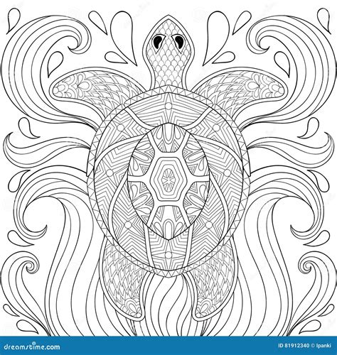 Zentangle Turtle In Waves Freehand Sketch For Adult Antistress Stock