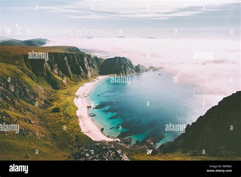 Sea Beach Landscape In Norway Idyllic Aerial View Summer Travel