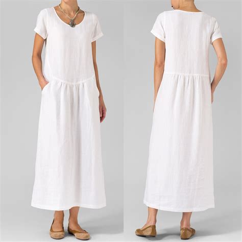 2019 Summer Dress Fashion Women White O Neck Short Sleeve Linen Two