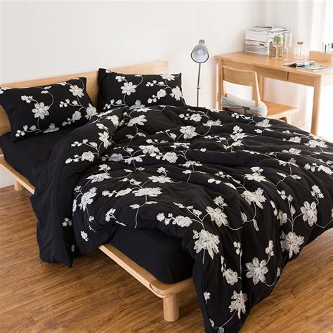 Luxury Cotton yarn Embroidery Bedding set ladys black Bed set King Queen Size Duvet cover fitted ...