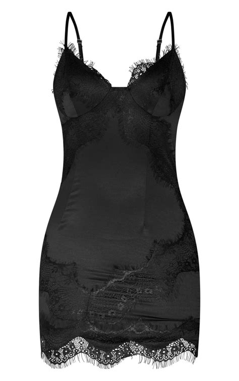 black satin lace detail strappy bodycon dress prettylittlething usa