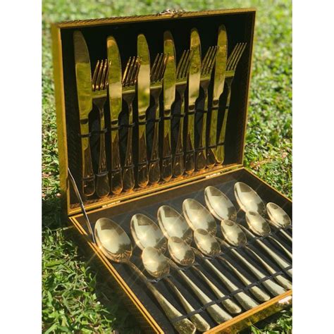 full gold luxury cutlery set with gift box 24 pcs sendok set | Shopee
