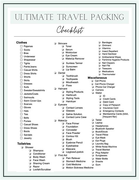 Travel Packing Checklist Printable Trip Essentials Packing Lists