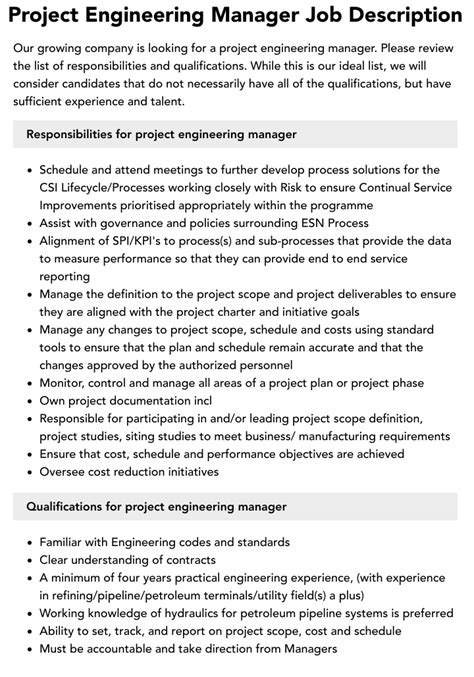 Project Engineering Manager Job Description Velvet Jobs