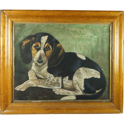 Antique 19th Century Dog Puppy Painting Signed Watercolor Portrait H S