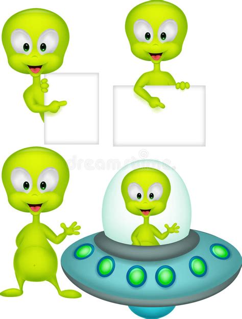 Cute Geen Alien Cartoon Collection Set Stock Vector Illustration Of