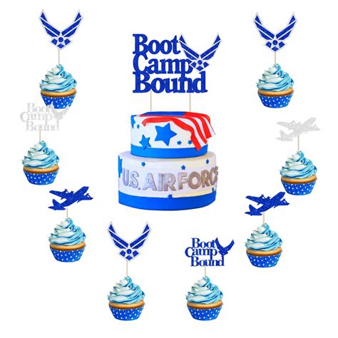 13pcs Air Force Cake Toppers Navy Blue And Silver Glitter Boot Camp