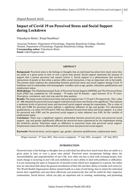 Pdf Original Research Article Impact Of Covid On Perceived Stress