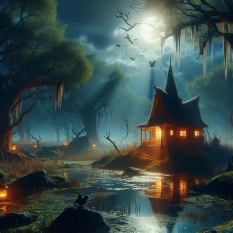 Premium Ai Image A Fantasy Style Scene Of A Witches Hut In A Swamp