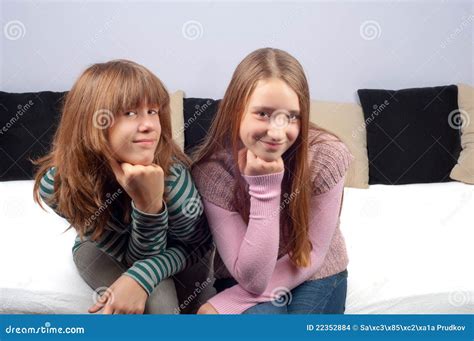 Two Pretty Teenage Girls Smiling Stock Photo Image Of Cute Stripes