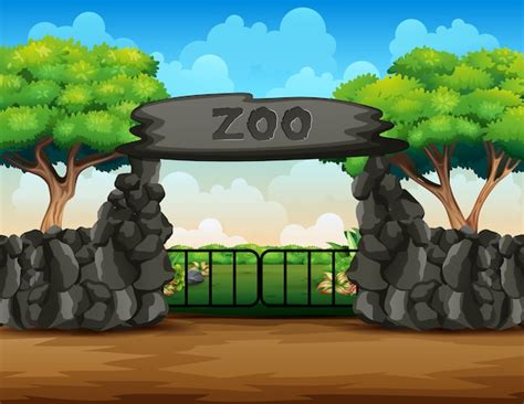 Premium Vector Zoo Entrance Outdoor View With Different Cartoon Animals