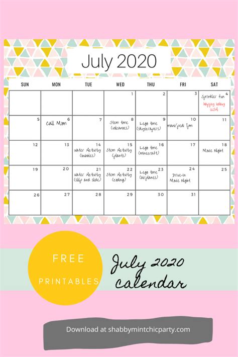Free Printable July Monthly Calendar Shabby Mint Chic Party