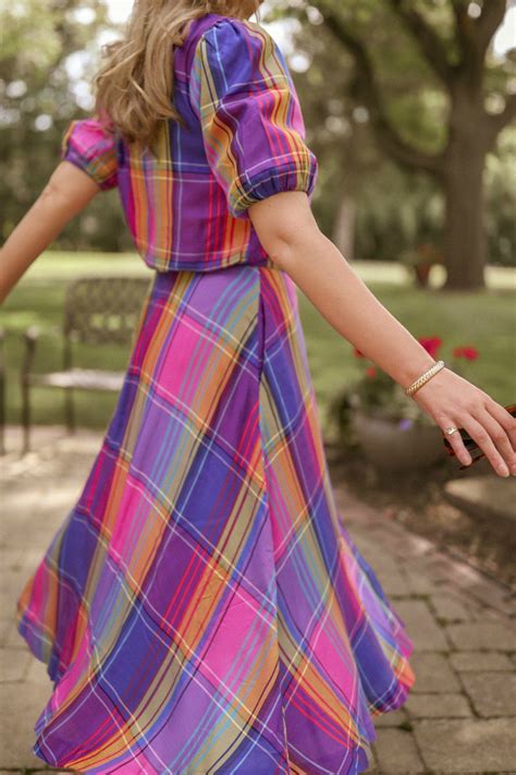 Multicolored Madras Plaid Smocked Hem Top With Matching Plaid Button