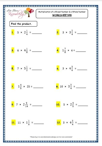 Multiplying Whole Numbers By Mixed Numbers Worksheet