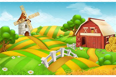Farm Field Landscape Vector Illustrations Creative Market Cartoon